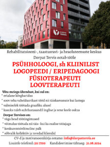 Tööpakkumine LOGOPEEDILE, ERIPEDAGOOGILE, FÜSIOTERAPEUDILE, LOOVTERAPEUDILE, PSÜHHOLOOGILE ja KLIINILISELE PSÜHHOLOOGILE