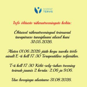 Info õhtuste rühmatreeningute suvise graafiku kohta